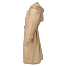 Side view of original French military khaki waterproof long raincoat with belt and adjustable cuffs