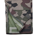Close-up of waterproof trilaminate French military rain pants with CCE camo and zipper detail