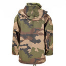 Back view of original French military waterproof trilaminate field rain jacket in CCE camouflage pattern with hood.