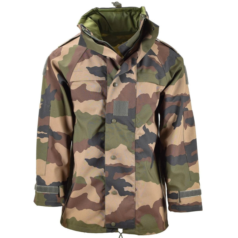 Genuine French Military waterproof trilaminate field rain jacket with CCE camouflage pattern and reinforced elbows.