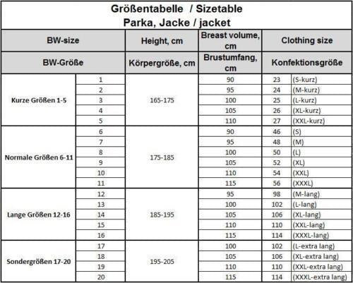 Size chart for original German army Flecktarn camo field jacket with height, chest, and clothing sizes detailed.