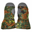 Original German army flecktarn camo mittens with leather grip, fleece lining, and adjustable wrist strap for cold weather protection