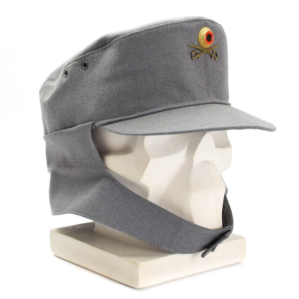 Original German Army Gebirgsjäger mountain cap grey with neck flap and floral badge on white mannequin head