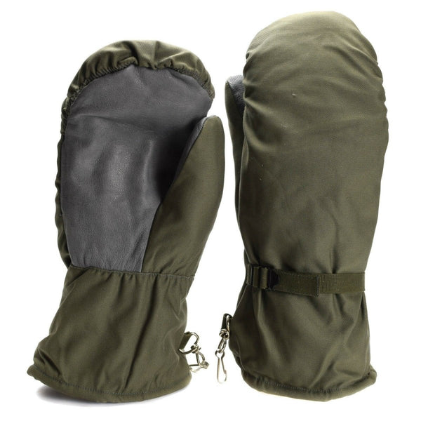Original German Army olive grey camo mittens with adjustable strap, durable material, and insulated lining for cold weather protection.