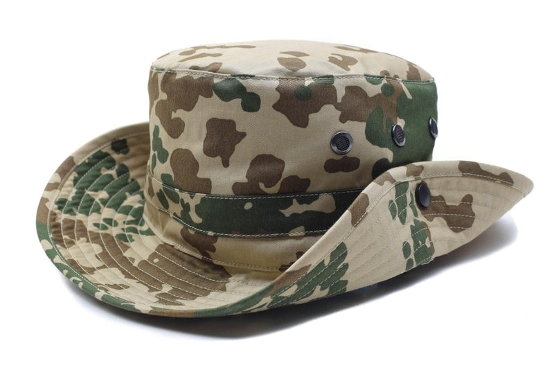 Original German military tropical camo boonie hat with wide brim and ventilation for sun protection and outdoor use