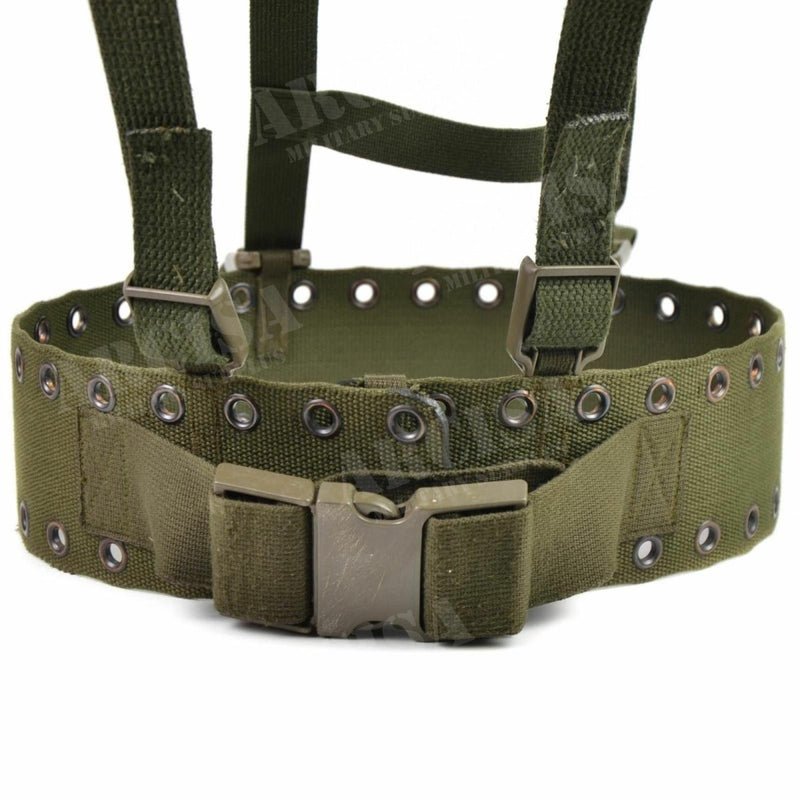 Original German army webbing rig system with adjustable tactical belt and Y-strap harness in olive green canvas material