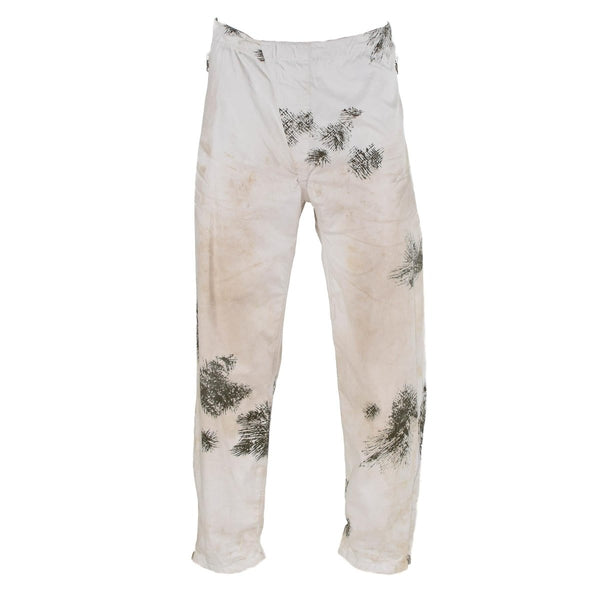 Original German military snow camo pants with elastic waist and braces, designed for winter and snowy conditions.