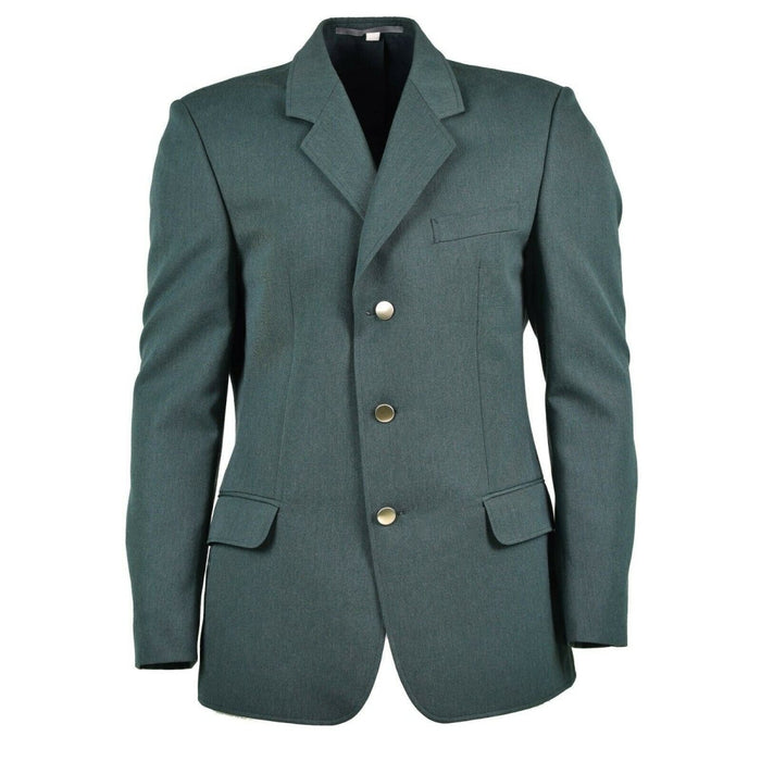 Originale deutsche Polizeijacke in Grün mit silbernen Knöpfen, mehreren Taschen und einem bequemen Innenfutter für den formellen Gebrauch.