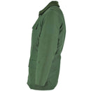 Side view of original German police officer green parka jacket with warm hood and windproof design