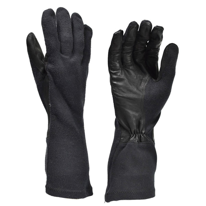 Originale, schwarze, hitzebeständige Aramid-Taktikhandschuhe der Bundeswehr mit Lederhandflächen und verlängertem Unterarmschutz