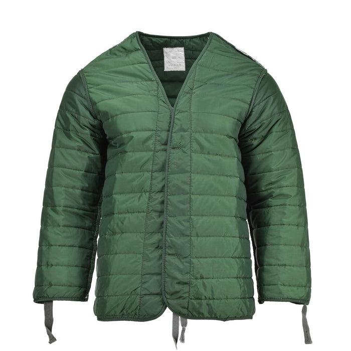 Original griechische M65-Militär-Steppjacke in Grün mit langen Ärmeln und Bindebändern vorne für Wärme und Lagenlook