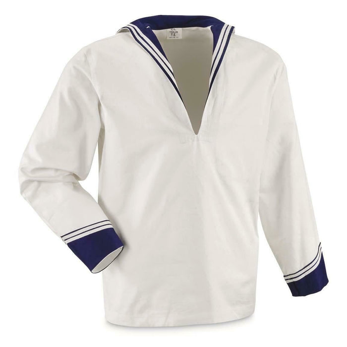 Weißes italienisches Marineblau-Middy-Hemd mit langen Ärmeln und traditionellen Matrosenkragendetails in Marineblau