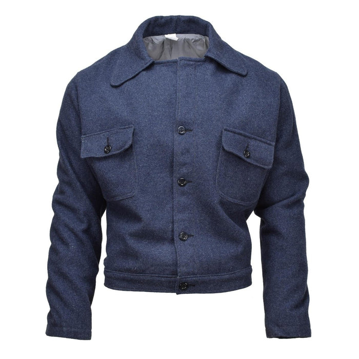Originale blaue Wolljacke im Vintage-Ike-Stil der italienischen Armee mit geknöpften Taschen und maßgeschneidertem Uniformdesign