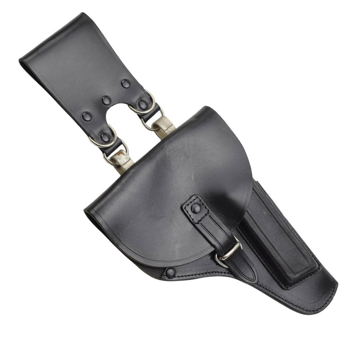 Authentisches italienisches Militär-Pistolenholster aus schwarzem Leder mit Schnallenverschluss und Metallgürtelschlaufen, Rechtshänder-Design.