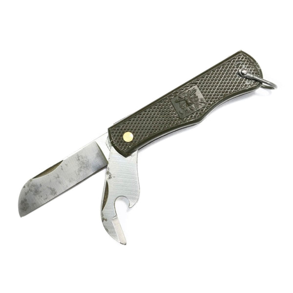 Original Italian military pocket knife with folding blade and can opener, olive plastic handle, compact and durable design