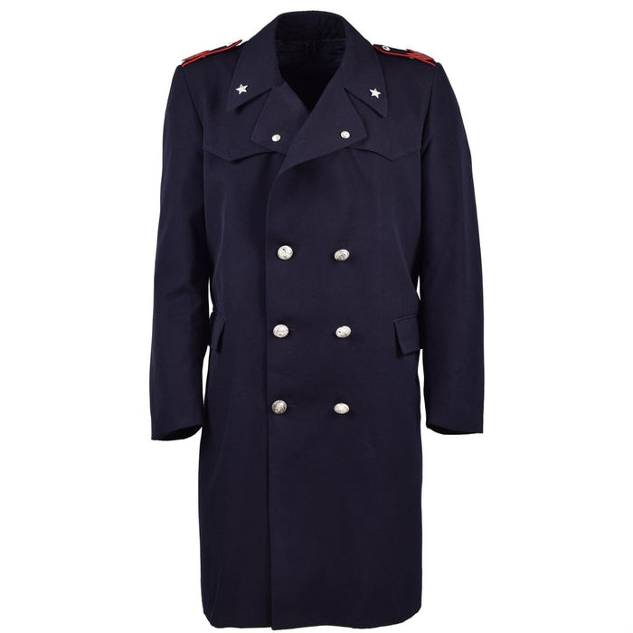 Originaler Vintage-Trenchcoat der italienischen Militärpolizei mit silbernen Knöpfen und roten Schulterklappen, marineblauer langer Carabinieri-Mantel.