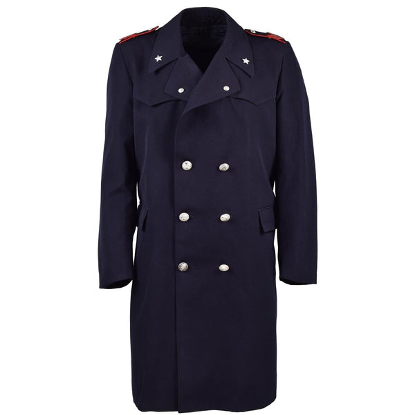 Vintage original Italian Military Police trench coat with silver buttons and red epaulettes, navy blue long carabinieri coat.