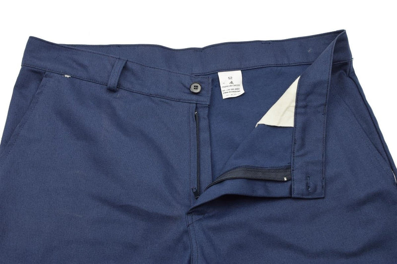 Close-up of blue original Italian military work pants showing zipper, button, and fabric details