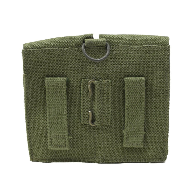 Vintage Norwegian army double ammo pouch in durable green canvas with belt loops and metal hook closure