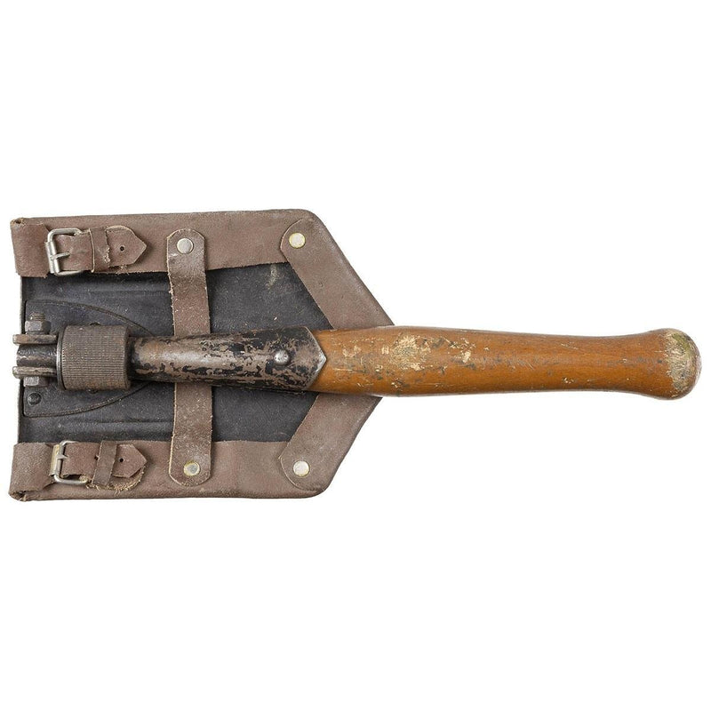 Original Romanian Army foldable serrated shovel with wooden handle and durable leather carrying sheath for outdoor use
