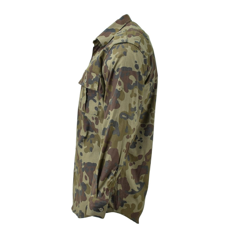 Original Romanian military M94 Mozaic camo lightweight field shirt with chest pockets and buttoned cuffs side view