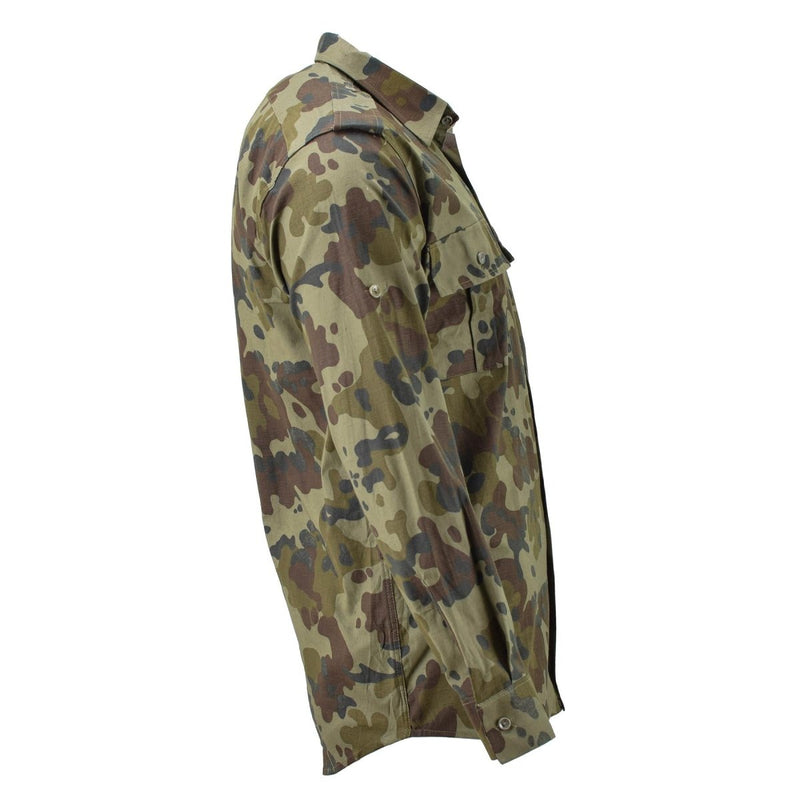 Side view of Original Romanian military lightweight field shirt in M94 Mozaic camo with chest pockets and buttoned cuffs