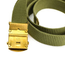 Original Swedish army khaki green canvas belt with durable gold-toned metal buckle and adjustable fit for military use.