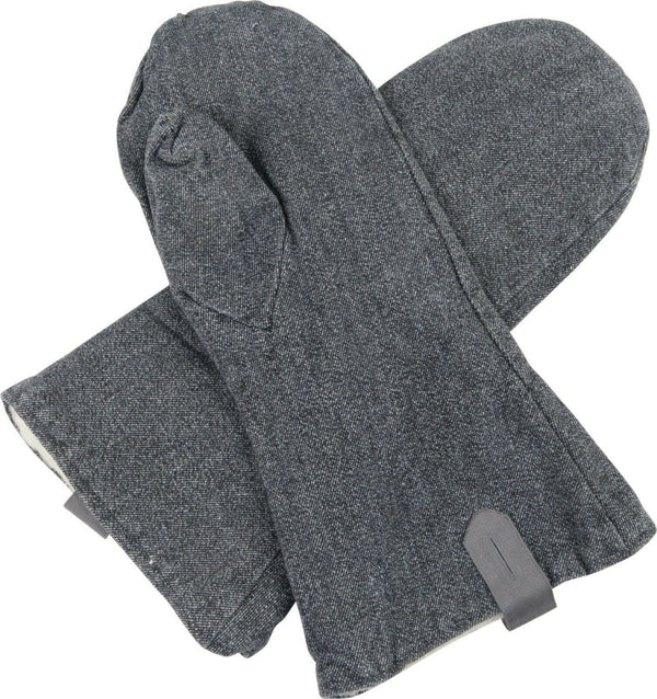 Original Swiss army denim gray wool mittens with warm lining and durable outer material for cold weather protection.
