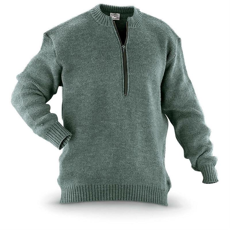 Original Swiss army M74 pullover grey virgin wool sweater with quarter-zip and elastic cuffs for warmth and durability