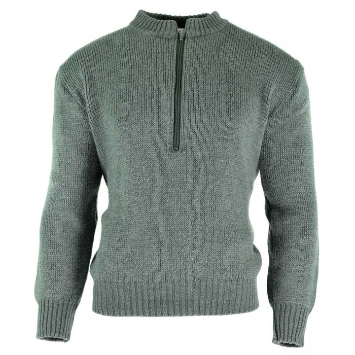 Originaler Schweizer Armeepullover M74 aus grauer Schurwolle mit Viertelreißverschluss, elastischen Bündchen und Bund für Wärme und Haltbarkeit