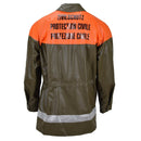 Original Swiss army waterproof rain jacket olive with orange top, reflective stripe, and civil protection text on back