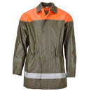 Waterproof olive green Swiss army rain jacket with orange shoulders and reflective stripe, adjustable waist, taped seams.