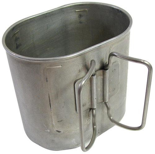Vintage Swiss army aluminum mess cup with butterfly handle, durable and compact for outdoor or military use.