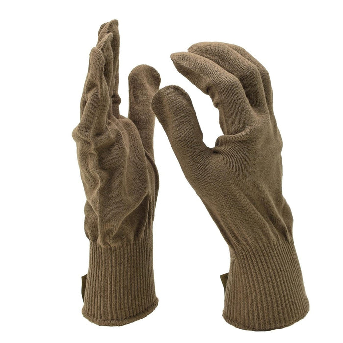 Originale braune Strickhandschuhe des US-Militärs aus Acryl, die für Wärme, Flexibilität und Kälteschutz ausgelegt sind.