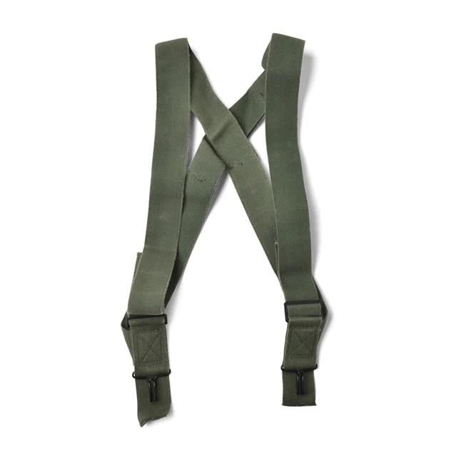 Olive green genuine U.S. military M1950 suspenders with adjustable shoulder harness and metal clips for pants support