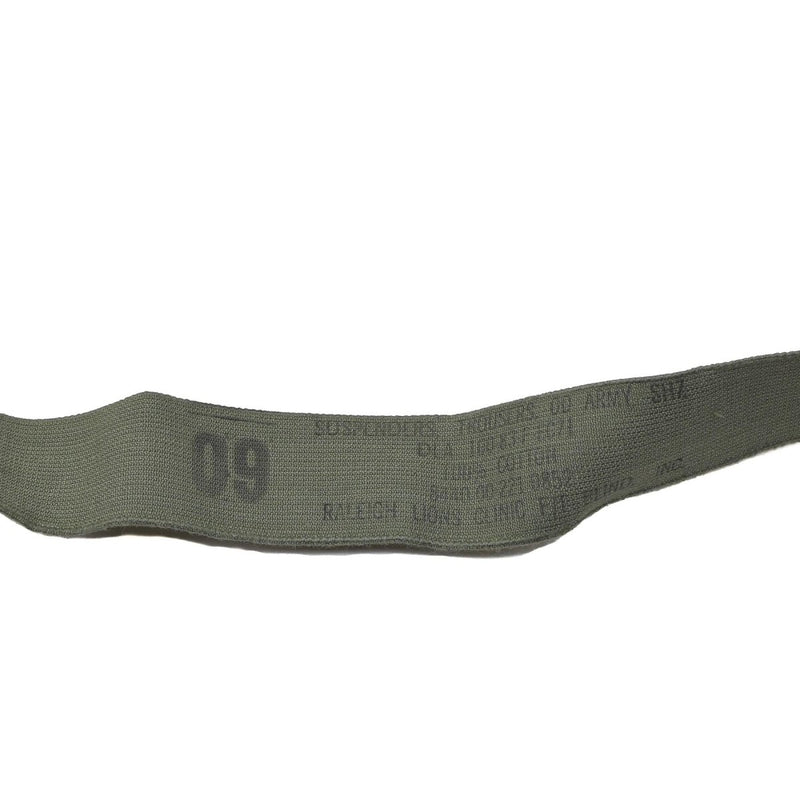 Olive green genuine U.S. military M1950 suspenders strap with printed sizing and manufacturing details.