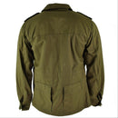 Back view of original vintage Czech army M85 field jacket in olive green with buttoned cuffs and epaulets