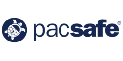 Blue and white Pacsafe logo with a diamond-shaped icon on the left and bold lowercase text on the right