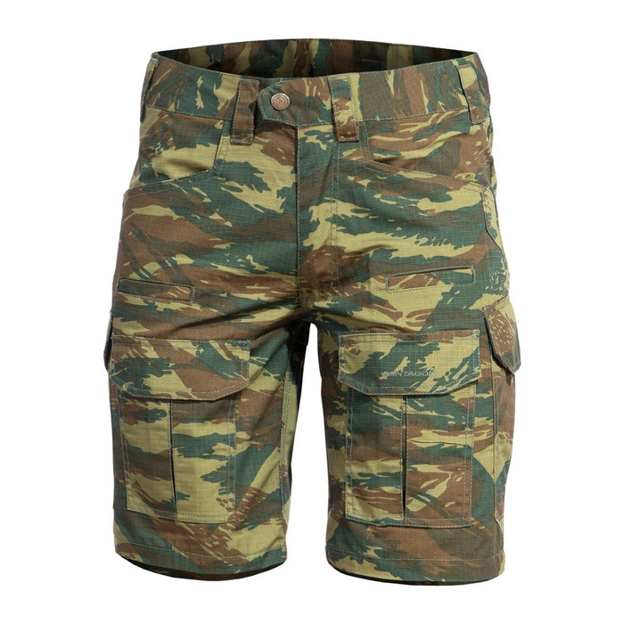 PENTAGON Lycos Ripstop-Cargoshorts in Eidechsen-Camouflage mit verstärkten Taschen und Dreifachnähten für Strapazierfähigkeit.