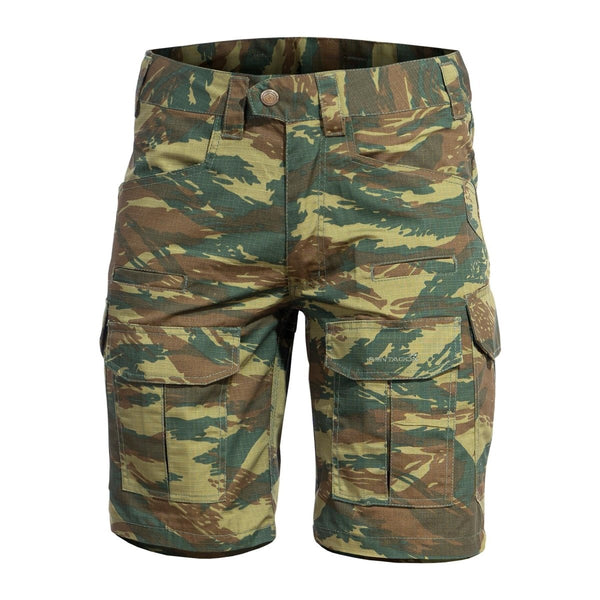 PENTAGON Lycos ripstop cargo shorts in lizard camo with reinforced pockets and triple stitching for durability.