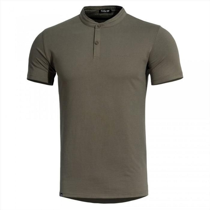 Pentagon Romeo 2.0 Henley-T-Shirt in normaler Passform in Olivgrün mit Stehkragen und kurzen Ärmeln, geruchloser Baumwollstoff