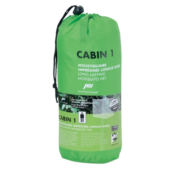 Grüne Moskitonetzverpackung mit „Cabin 1“-Branding auf weißem Hintergrund