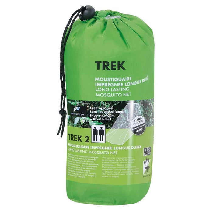 Grüne Moskitonetzverpackung mit „Trek“-Branding auf weißem Hintergrund