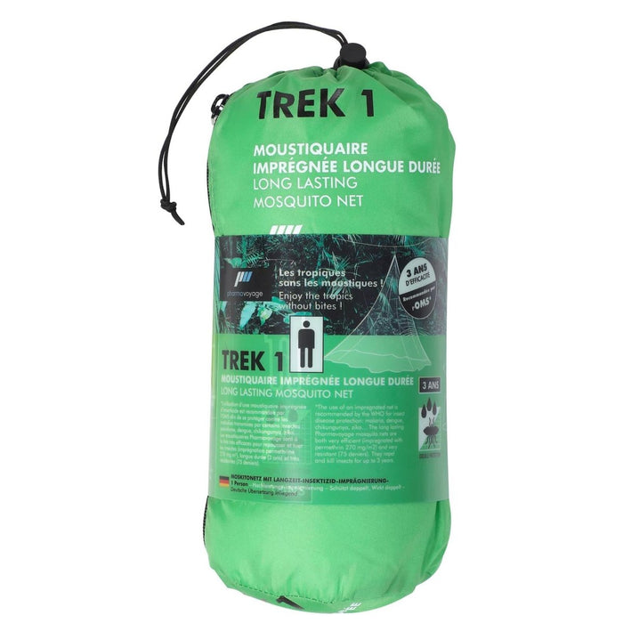 Grüne Moskitonetzverpackung mit „Trek 1“-Branding auf weißem Hintergrund