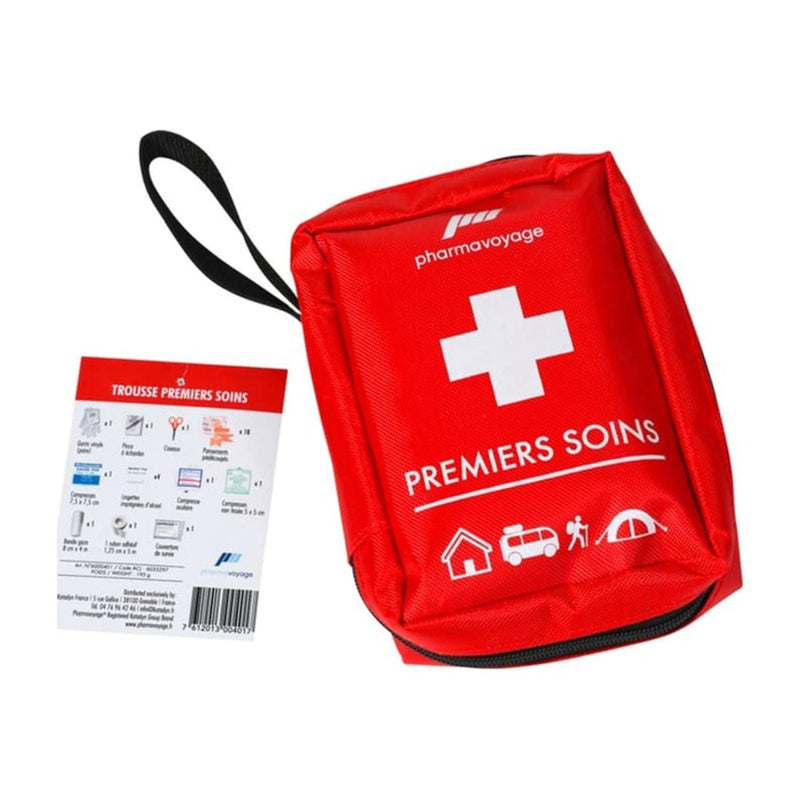 Red first aid kit with white cross symbol and 'pharmavoyage' branding on a white background.