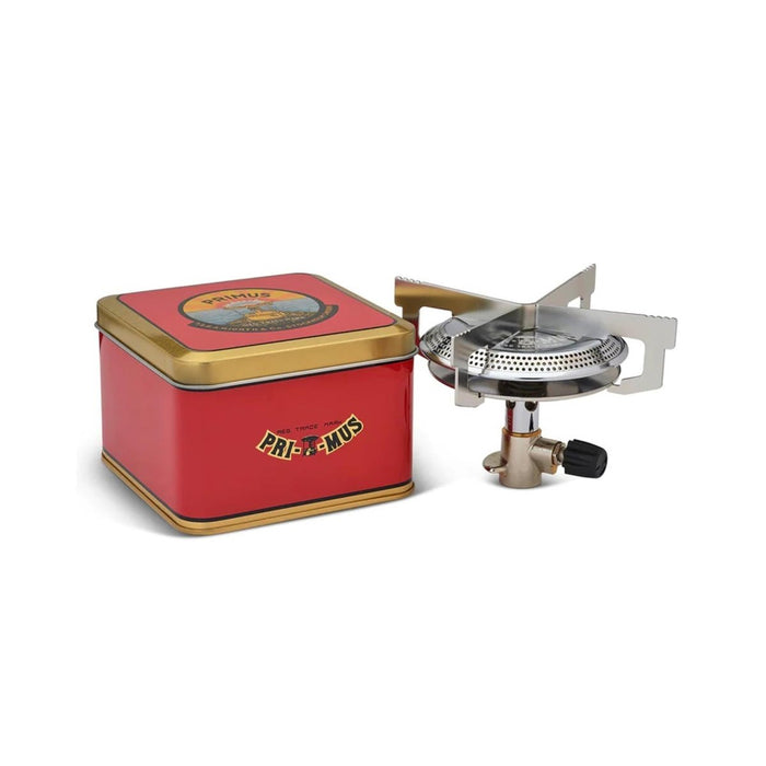 Primus ClassicTrail Stove 130 Campingbrenner mit breiter Flamme, robustem Vier-Pod-Design und kompakter Aufbewahrungsdose aus rotem Metall.