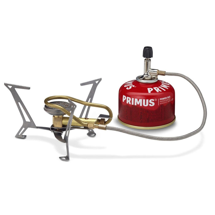 Leichter Campingkocher Primus Express Spider II mit Stativ und rotem Gaskanister zum Kochen im Freien und für Wanderausflüge