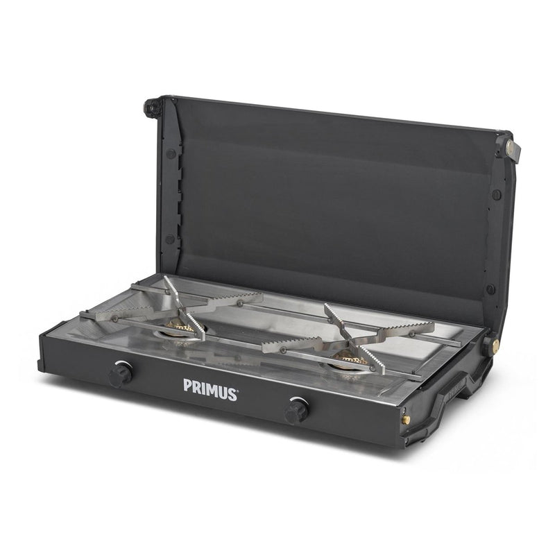Primus Kinjia black portable dual burner camping stove with stainless steel pot supports and foldable lid