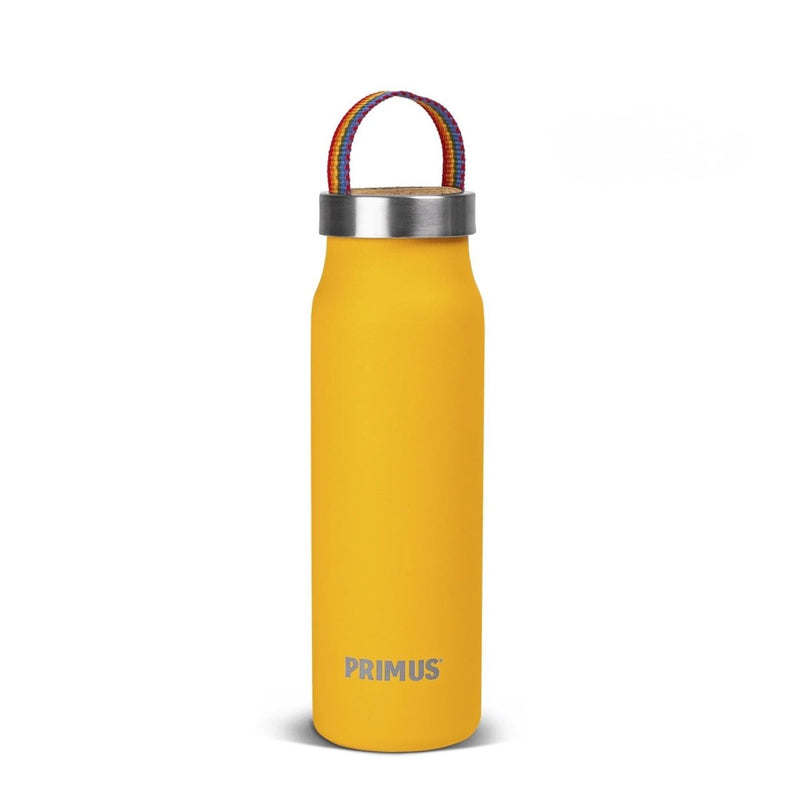 Yellow Primus Klunken 500ml stainless steel vacuum flask with rainbow handle strap for hiking and camping.