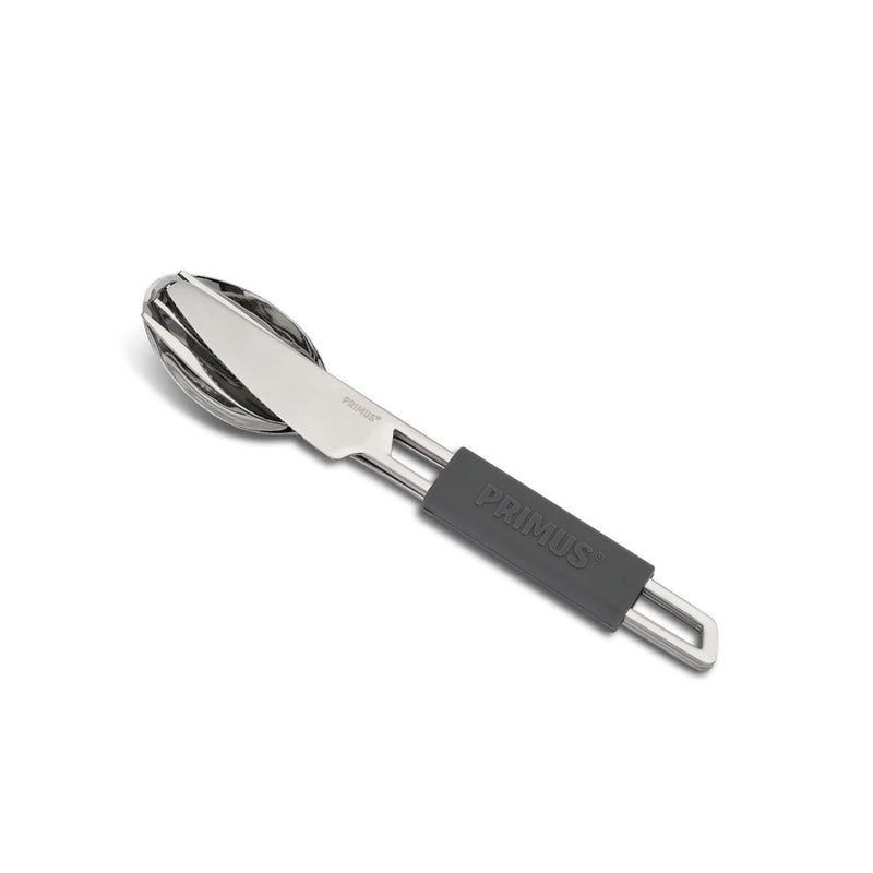 Compact Primus Leisure camping cutlery set with stainless steel knife, fork, spoon, and silicone grip handle.